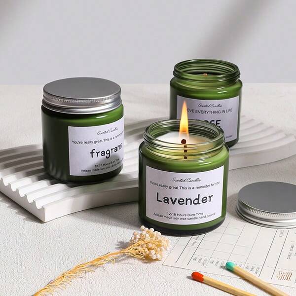 1 pieza, 100g/3.53oz Vela perfumada en botella verde, 7 fragancias que incluyen lavanda y rosa, ambientador romántico, decoración del hogar de larga duración, regalo de graduación/aniversario/fiesta/decoración