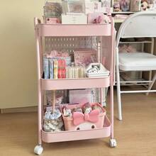 Back To School 3-Tier Metal Rolling Cart With Wheels Pink Student Dormitory Snack Study Tool Storage Cart With Handle And Lockable Universal Wheel Dormitory Must Have Artifact Kitchen Office Organizer Racks - Pink - View 4
