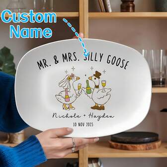 Custom Silly Mrs & Mrs Goose Engagement Platter, Personalized Newly Engaged Couple Grilling Plate, Getting Married Soon Future Bride Gift