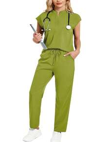 cimmuovere Bộ đồng phục mùa xuân dành cho người có thân hình mũm mĩm, gồm áo không tay cổ đứng dáng rộng và quần nhiều túi tiện dụng. - Màu xanh Bạc hà - Xem 3