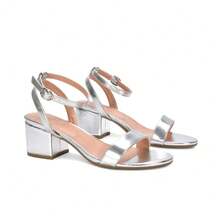 XY LONDON Gemma Low Block Heel Open Toe Strappy Sandal Shoes With Round Buckle Fastening For Spring Summer - Silver - View 3