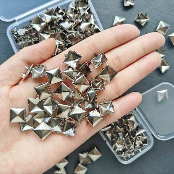 100pcs/Box 10mm Square Silver Pyramid Punk Rock Jewelry Craft 4-Prong Metal Studs, Suitable For DIY Leather Rivet Nails, Bags, Clothes, Shoes Metal Square Rivets