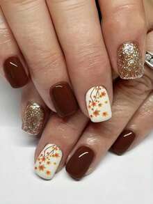 24 片装短款欧式方形假指甲，咖啡色闪粉枫叶短款亮面方形指甲可佩戴假指甲贴片，全覆盖可拆卸美甲套装，适合派对、舞会、日常佩戴。按压式指甲 美甲用品 美甲 - 彩色 - 查看 1