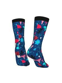 Cute Mushrooms, Flowers, Butterflies And Snails Socks Women Men, Calf Knee High Socks For Athletic Running Cycling - 黑色 - 查看 3