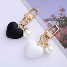 Heart Pearl Love Keychain Pendant Girly Heart Black And White Glossy Heart Accessories Cute Couple Bag Charm - 白色 - 查看 6