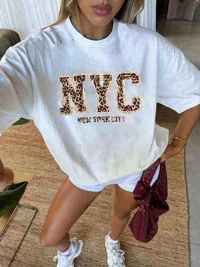 NAO Playera Mujer Cuello Redondo Estampada, Parche NYC Animal Print,  Casual    Algodón