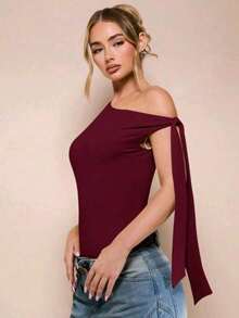 Women's Bodysuit With Tie Bow And Asymmetrical Neckline, Sleeveless, Ideal For Romantic Dates, Casual, Vacation And Summer - 酒紅色 - 查看 6