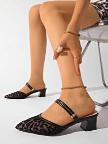 女士高端蕾丝黑色 4.5 厘米尖头镂空透气高跟鞋，水钻系带可变式正式派对性感粗跟网眼鞋 - 黑色 - 查看 5