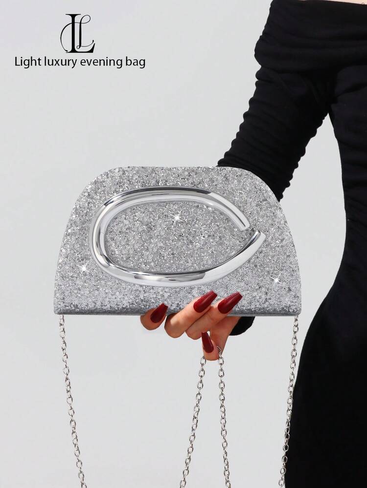 1pc Women's Fashionable Retro Metal Handle Evening Clutch Bag, Luxury Elegant Sparkling Rhinestone Sequin Decor, Metal Details Box-Shaped Bag With Detachable Metal Chain Strap, Suitable For Wedding, Party, Prom, Nightclub, Formal Occasions, Dress Up, Wallet, Evening Bag - Silver - View 3