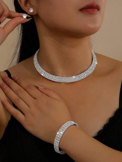 Conjunto de joyas elegante - Collar, Aretes, Pulsera, Adecuado para novias y accesorios de bodas y Día de San Valentín