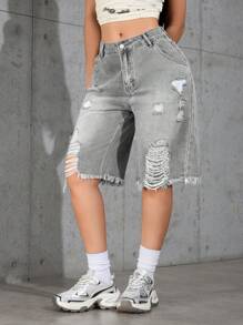 Women's Washed Ombre Distressed Loose Denim Bermuda Shorts - Grey - View 3