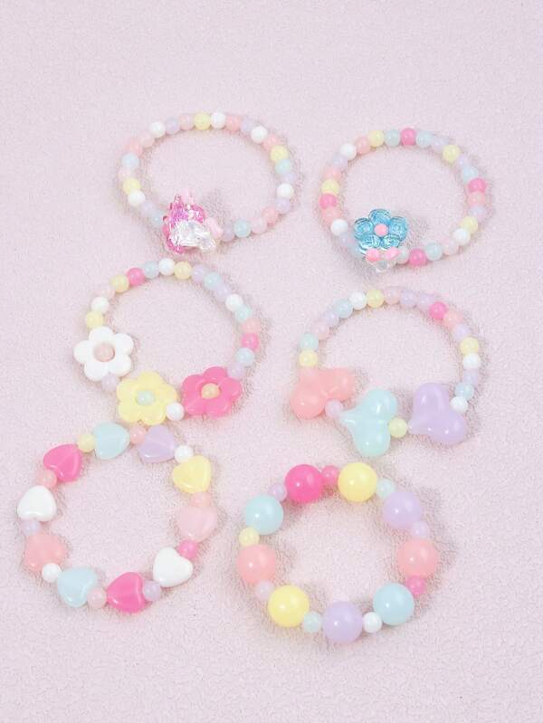 Set de 6 piezas de pulseras con cuentas con diseños de flor, corazón y unicornio para niños, adecuado para la escuela, uso diario, vacaciones de verano, fiesta de cumpleaños, colores surtidos al azar