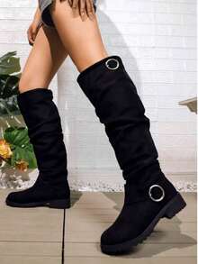 New Women's Suede Knee-High Boots For Autumn And Winter, Featuring A Ring Buckle And Ruched Design, With Chunky Heels, Suitable For Daily Outings And Party Outfits. - 黑色 - 查看 5