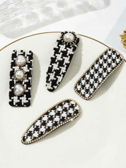 4pcs Women's Multi-Color Plaid Fabric & Metal Hair Clips, Suitable For Daily Use, Claw Clips, Hair Claws, Hair Slide, Hair Barrettes, Gold Hair Clips, Hair Accessories, Head Accessories, Hairpin