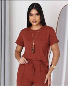 Women's Set Of Wide Leg Pants And Comfortable Sweatshirt Top Summer - ngói - Xem 3