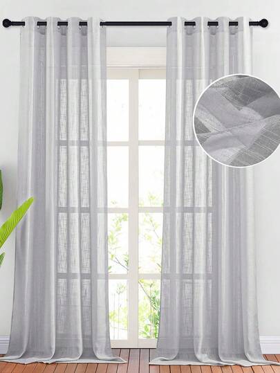 2 件亚麻质地半透明窗帘 - 农舍风格带系带滤光窗帘，适用于客厅、卧室、餐厅 - 可机洗，纯色，增强隐私，浅灰色编织，客厅窗帘