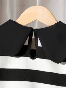 2 件套女婴优雅可爱彼得潘领条纹长袖运动衫 + 裤子套装，轻便，适合春秋季 - 黑色 - 查看 5