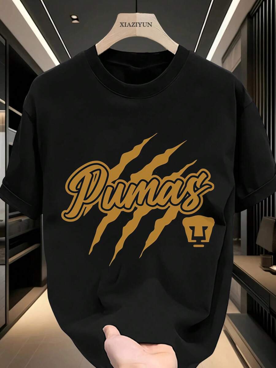 Black T Shirt With Gold Pumas Claw Print Design One piece, men's casual T-shirt, a gift for soccer enthusiasts, 3 colors available 100% cotton, soft and comfortable, for casual and sports wear, suitable for daily wear, pairs well with men's jeans. 2025 gifts for men, men's T-shirts, men's shirts, men's sweatshirts - Negro - Ver 1