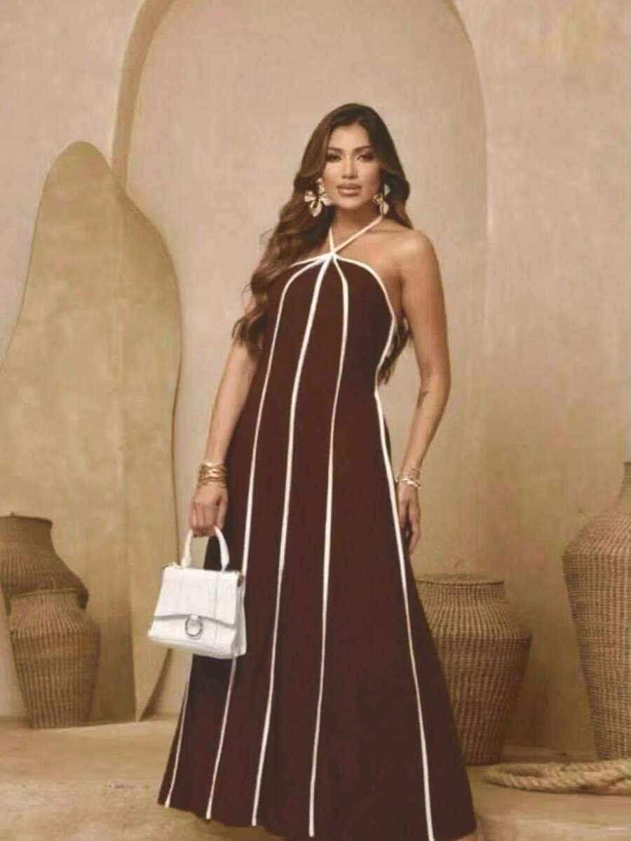 Women's Premium Halter Neck Long Striped Dress With Tie H-13 - 咖啡棕 - 查看 1