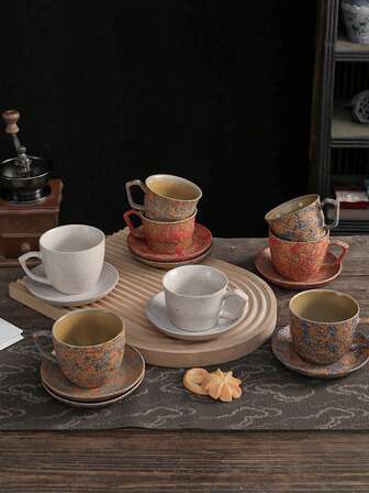 2pcs/Set Italian Espresso Cups, Ceramic Mugs With Creative Crackle Glaze Finish, Retro Ceramic Water/Coffee/Cola Cups, Gradient Color Cups, Latte Art Cappuccino Cups, Breakfast Milk Cups