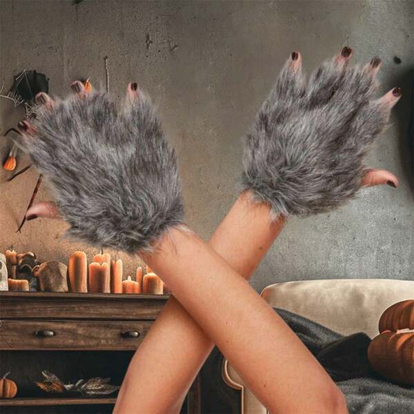 Halloween Plush Wolf Claw Gloves Grey Hairy Werewolf Paw Costume Mitten For Kids And Adults