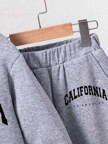 Tween Boy Letter Print Warm Hoodie And Sweatpants Set - Grey - View 4