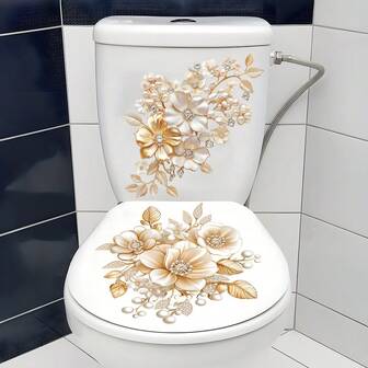 Pegatina floral dorada para el inodoro, decoración autoadhesiva impermeable para el asiento del baño con elementos de perlas