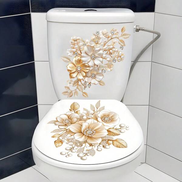 Gold Floral Toilet Sticker, Self-Adhesive Waterproof Bathroom Toilet Seat Decor With Pearl Elements