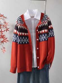 Áo khoác cardigan tay dài họa tiết hình học cỡ lớn, thường ngày cho mùa thu/đông - Đỏ - Xem 1