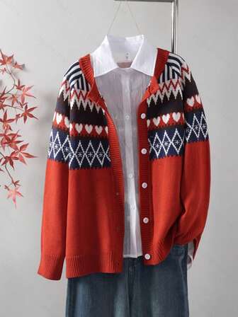 Plus Size Geometric Pattern Long Sleeve Cardigan, Casual For Autumn/Winter