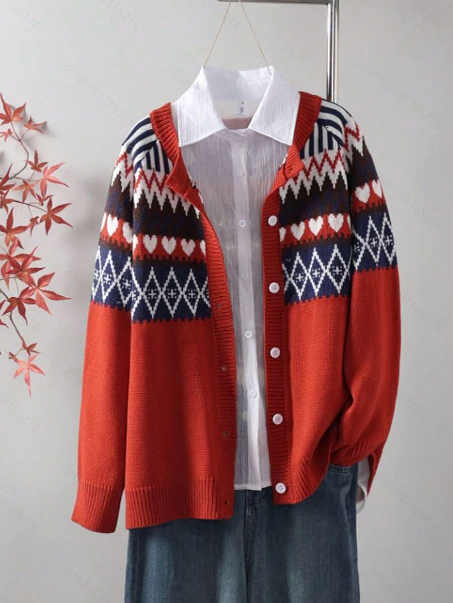 Áo khoác cardigan tay dài họa tiết hình học cỡ lớn, thường ngày cho mùa thu/đông - Đỏ - Xem 1