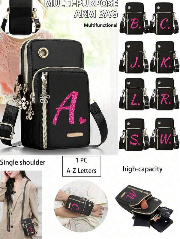Sac à bandoulière de rangement pour téléphone portable noir, motif de lettres et de cœurs rose rouge, porte-monnaie, sac de messager de sport, mini sac à bandoulière décontracté pour téléphone avec trou pour écouteurs, sac à bandoulière portable, sac de bras de sport et de poignet pour la course, sac pour téléphone portable avec poche zippée, pour les travailleurs de bureau à la mode, les étudiants, les affaires, les déplacements, le bureau, cadeau de rentrée scolaire
