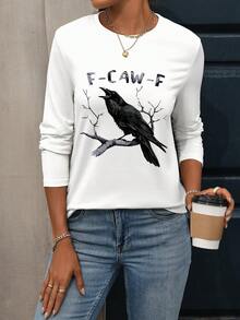 女式大码休闲圆领长袖 T 恤，F-CAW-F 乌鸦图案 T 恤，万圣节服装，秋季女装