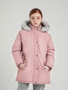 SOLOCOTE 女童加厚连帽长袖拉链羽绒服，适合冬季圣诞派对，加厚派克大衣 - 粉色 - 查看 4