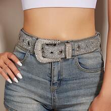 Spicy Girl Belt For Women Fashion  Eye Shiny Style Western Y2K Rhinestone Buckle Wide Waist Belt Waist Chain - 2.3寬水鑽扣車邊珠銀色 - 查看 2