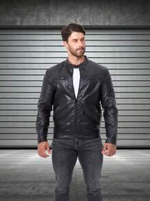 男士户外专业摩托车皮夹克，插肩袖机车夹克，PU 皮夹克，立领运动夹克，拉链口袋，黑色，适合秋冬，羊毛 - 黑色 - 查看 8