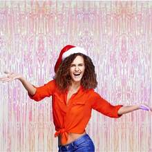 3.3ft/6.6ft Iridescent Pink Tinsel Foil Fringe Backdrop - Shimmering Metallic Party Streamer With Rainbow Hues For Birthdays, Graduations, Easter, Weddings & Photo Booth Decor, Party Decorations, Event Decor, Shimmering Effect, Reflective Material - Multicolor - View 3