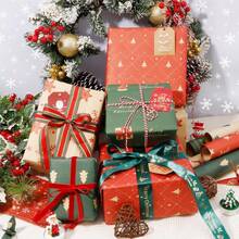 10/7 Sheets Gift Packaging Paper (29 In*19 In), DIY Decorative Ribbon (196 In*0.98 In), Christmas Wrapping Paper Rolls Bundle Reversible Gift Wrap Sheets For Christmas Gifts Wrapping Supplies