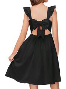 Girls' Summer Dress - Square Neck & Ruffle Sleeve A-Line Swing Dress| Tie-Back Midi Casual Dress With Pockets| Lightweight & Breezy Outfit - 黑色 - 查看 1