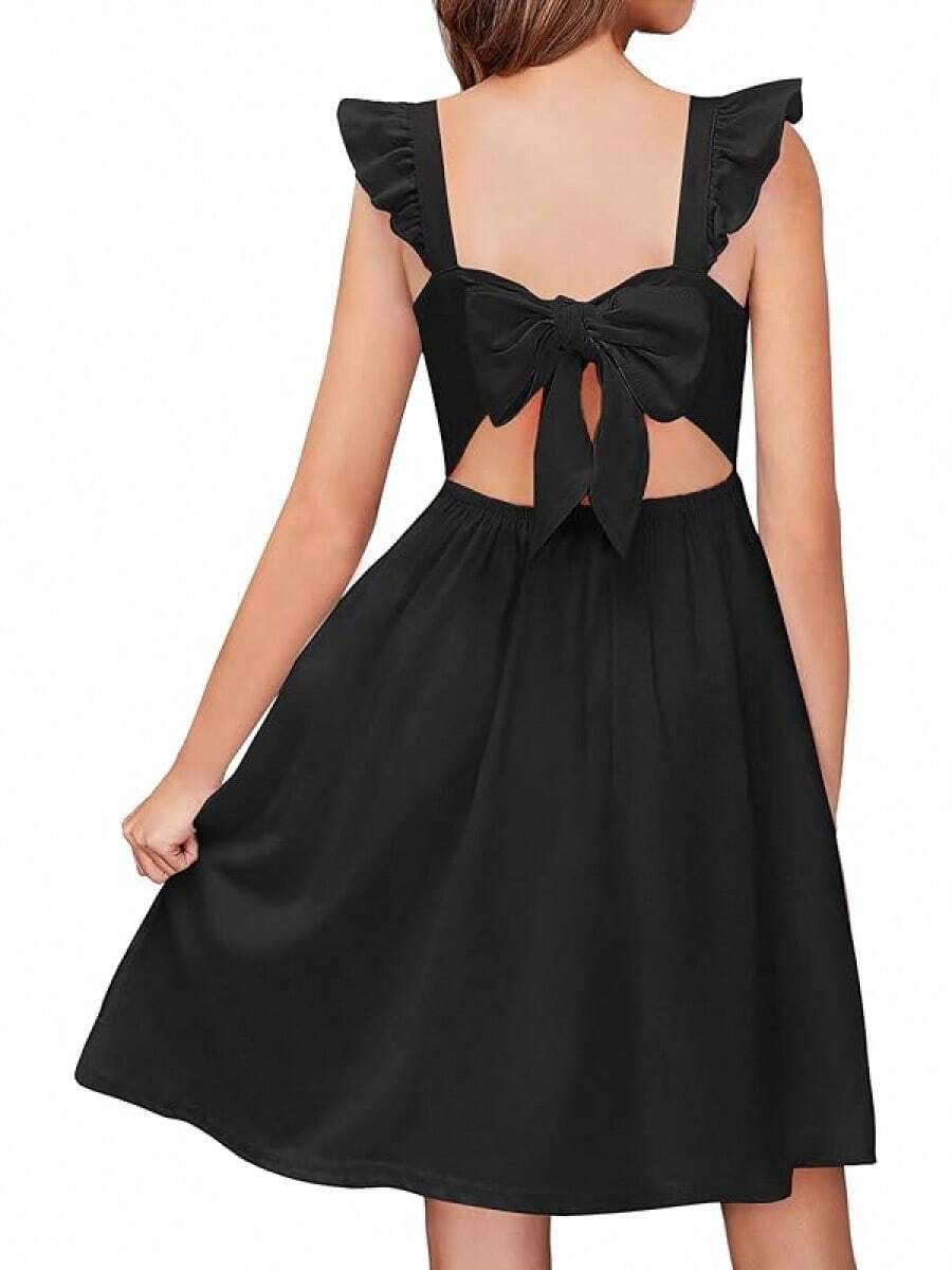 Girls' Summer Dress - Square Neck & Ruffle Sleeve A-Line Swing Dress| Tie-Back Midi Casual Dress With Pockets| Lightweight & Breezy Outfit - 黑色 - 查看 1