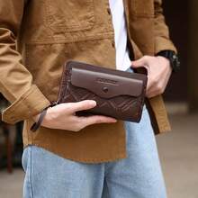 男士长款商务钱包，便携式手拿包，大容量双拉链手提包，多卡槽，手机袋，菱形设计，PU材质 - 棕色 - 查看 5