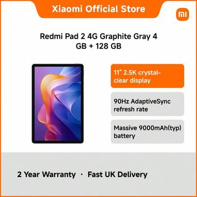  Redmi Pad 2 4G Tablet – 11" 2K Display, MediaTek Helio G100-Ultra, Dual 4G SIM, 9000mAh Battery, 90Hz Refresh Rate, TÜV Certified Eye Protection, Ideal For Study, Streaming & On-The-Go Productivity