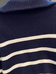 Autumn/Winter New Zipper Women Striped Knit Sweater, Fashion Minimalist Pullover, Versatile - Royal Blue - View 5