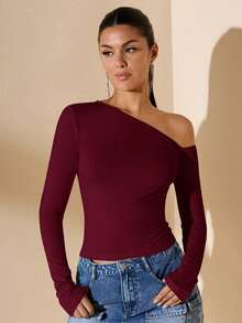 Women's Minimalist Asymmetric Shoulder Long Sleeve Fitted T-Shirt Top, Everyday Wear, Fall/Winter - 酒紅色 - 查看 7