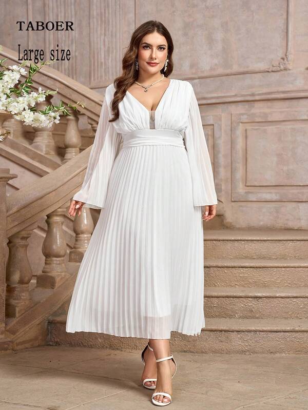 Plus Deep V Neck Pleated Hem Dress