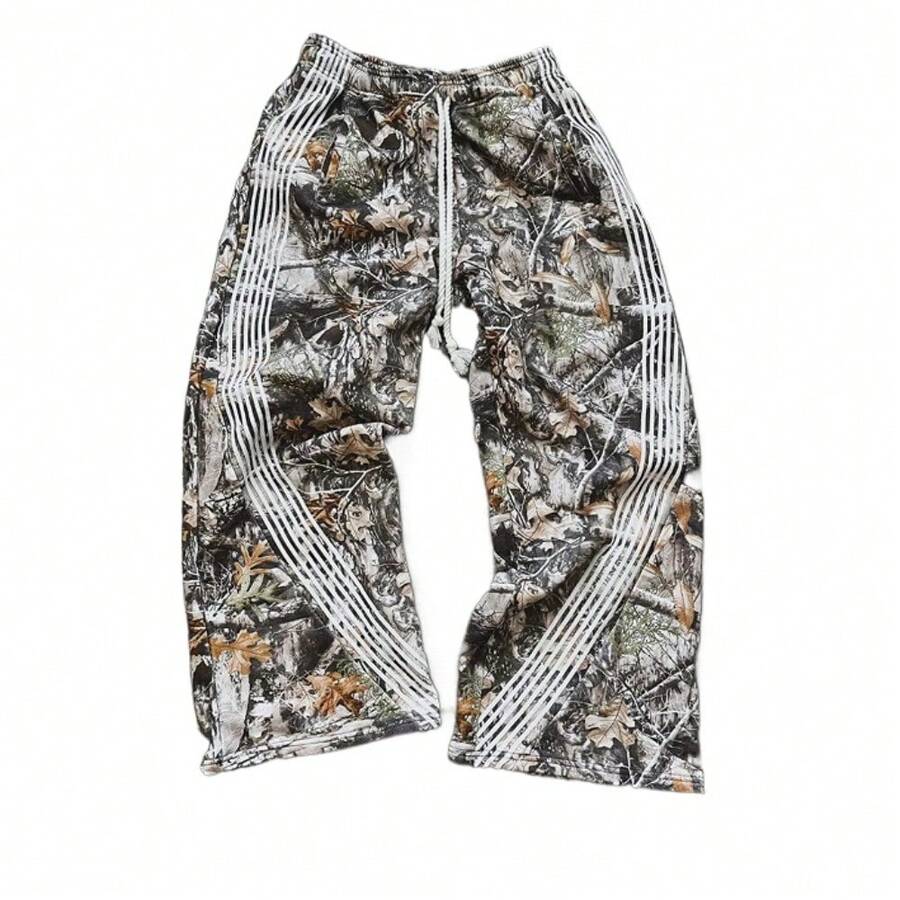 American Retro High Street Work Pants With Leaf Camouflage Function, Heavy-Duty Striped Wide Leg Pants, Loose Casual Pants