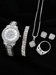 Set de 6 bucăți pentru femei, ceas analogic cu cuarț din oțel inoxidabil, brățară în 3 tonuri, cadou pentru mama