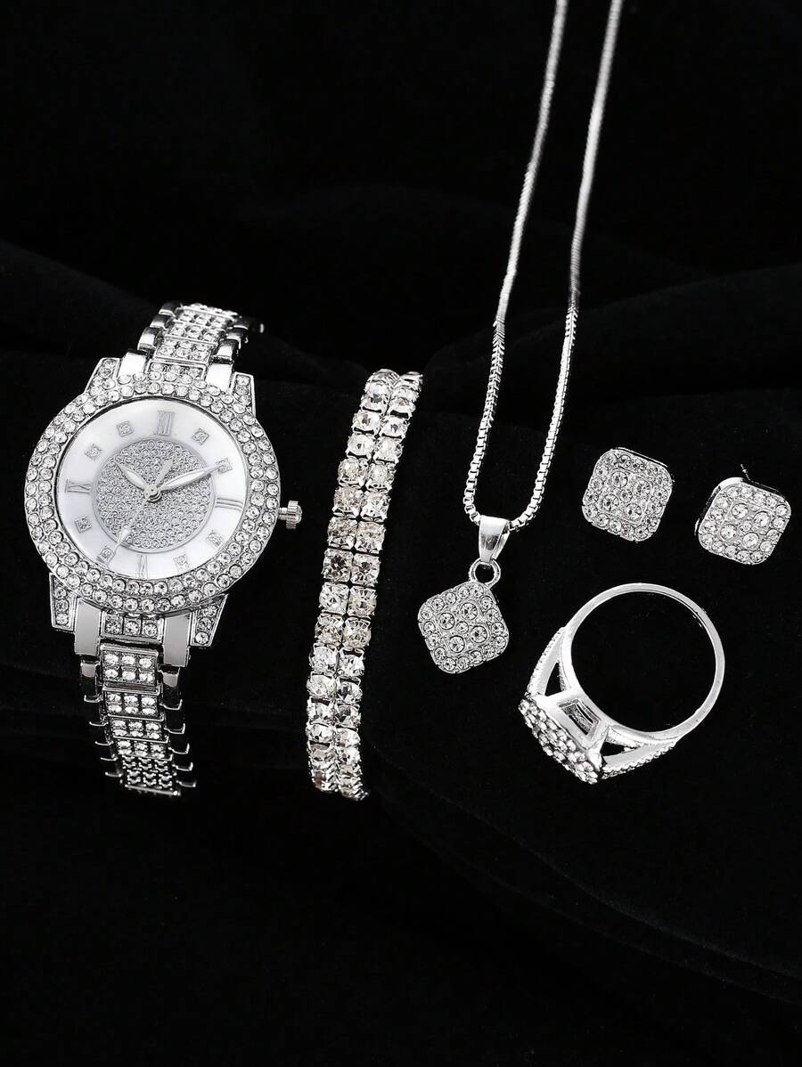 Set de 6 bucăți pentru femei, ceas analogic cu cuarț din oțel inoxidabil, brățară în 3 tonuri, cadou pentru mama