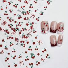 2 Sheets Cherry Blossom Nail Art Stickers - Spring Cherry Pattern With Embossed Crystals, Self-Adhesive Plastic Nail Decor, Glossy French Tip DIY Embellishments, Disposable Casual Style Nail Accessories - 紅色 - 查看 5