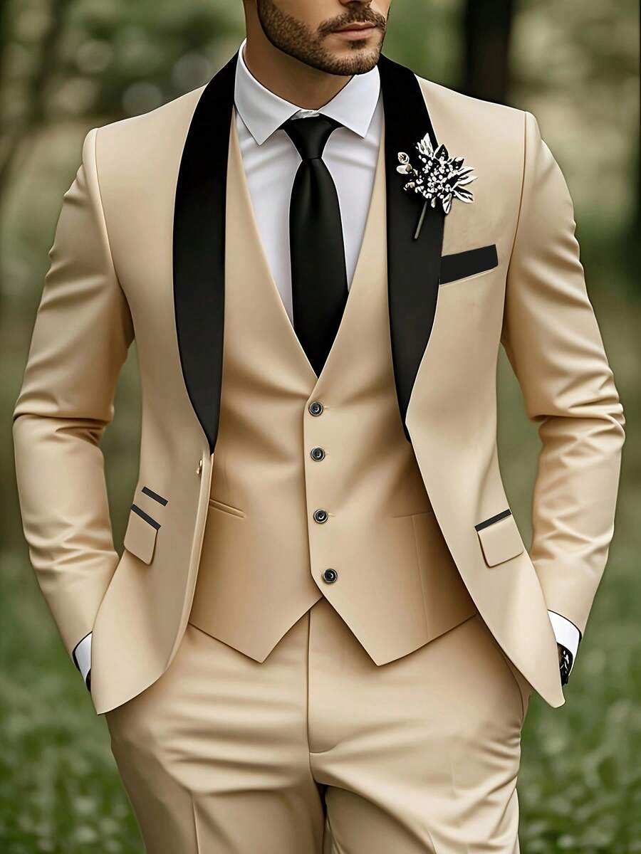 Men's Three-Piece Suit With Shawl Collar, Buttoned Waistcoat, Formal Suit, Trousers - Wedding Attire, Formal Occasion, Evening Party Clothing (Including Only Suit Jacket + Waistcoat + Trousers) - 米色 - 查看 1